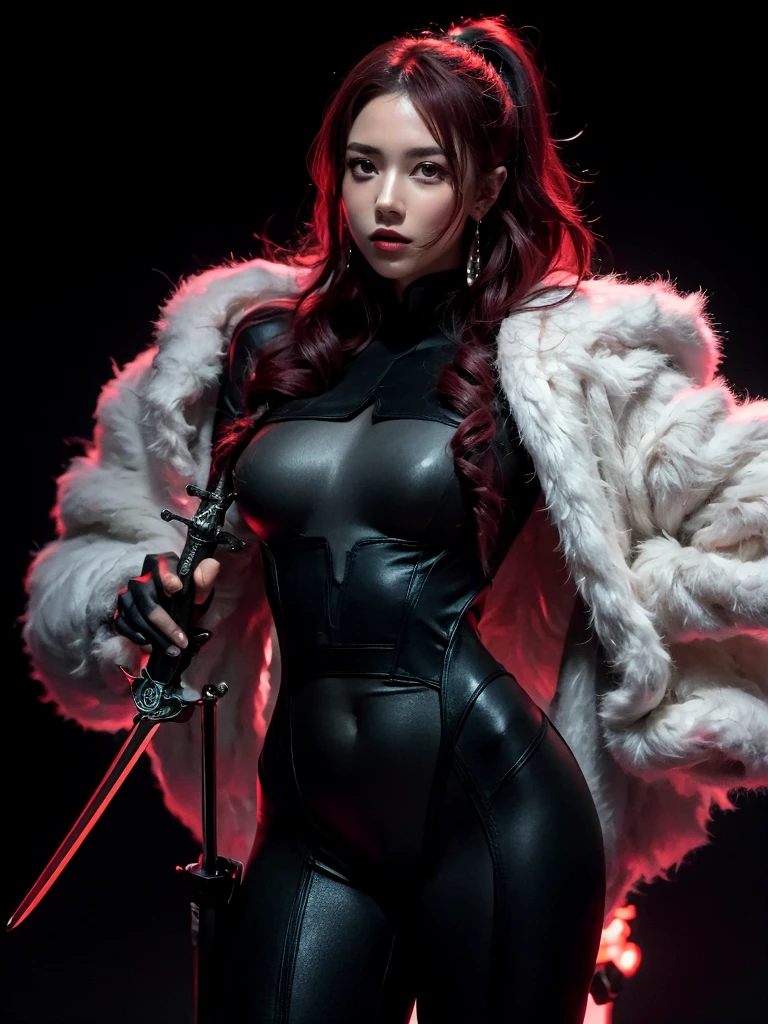 a woman with red lipstick has armor on and is holding a sword, kirijou mitsuru, 1girl, solo, hair over one eye, long hair, (((red hair))), weapon, rapier, sword, bodysuit, black bodysuit, grey bodysuit, hand on hip, (((large breasts))), (purple theme:1.2), In Baroque style hall, queen, majestic, graceful, perfect face, beautiful face, perfect female body, mature female, (glowing red eyes:1.2), short ponytail, Queen's crown, darker violet gossamer veil, royal red cloak with jewels and fur, royal red shawl with jewels and fur, earrings, jewels, jewelry, head ornaments, hands ornaments, legs ornaments, high heels, Narrow waist, big ass, wet, wet body, sweating body, shiny skin, ((no close up)), (8k, RAW photos, highest quality, masterpiece: 1.7). (Realistic, Photorealistic: 1.9)
