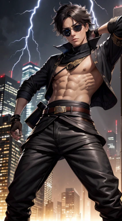 The young Samurai has messy hair, wears a gray sweater that says "HEROES", dark brown leather pants with lots of pockets. Adventurer's shoes, carrying a samurai on his back, hands crossed on his chest, there is a flash of lightning, alert pose, face facing the camera, skyscraper background and shades of black with gold gradations at night. fullbody