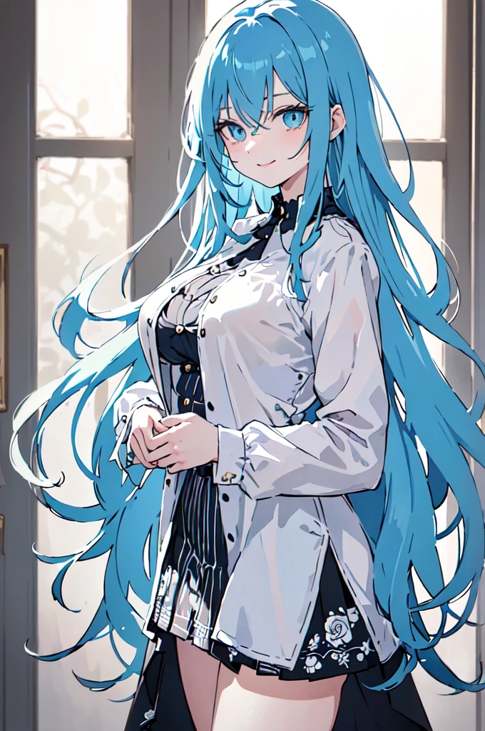 (masterpiece), (best quality), (ultra detailed),(dishevelled hair),(illustration), long hair (straight hair), standing, Fashion model (punk clothes), looking at viewer, (interview), (casual background),beautiful blue eyes, delicate beautiful face, ,(high saturation),(colorful splashes),(shining), blue hair (shining), bangs, best lighting, best shadow. smiling. big breast. 