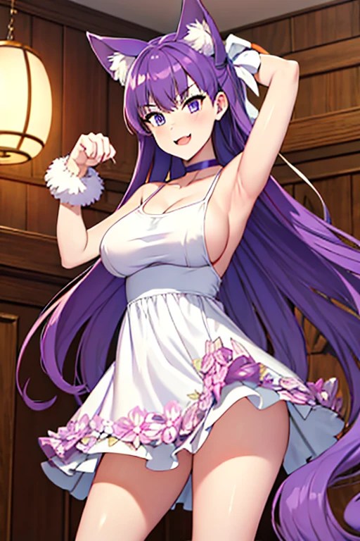 best quality, masterpiece, highres, solo, 1girl, (very long purple hair), purple eyes, cat eyes, detailed eyes, beautiful eyes, upperbody, mature woman, milf, seductive, fox ears, multiple fox tails, smug smile, looking at viewer,big tits, large breasts, busty, indoor, room, white dress, floral dress, fluffy dress, bare legs, bare arms, paw pose, fangs, open_mouth