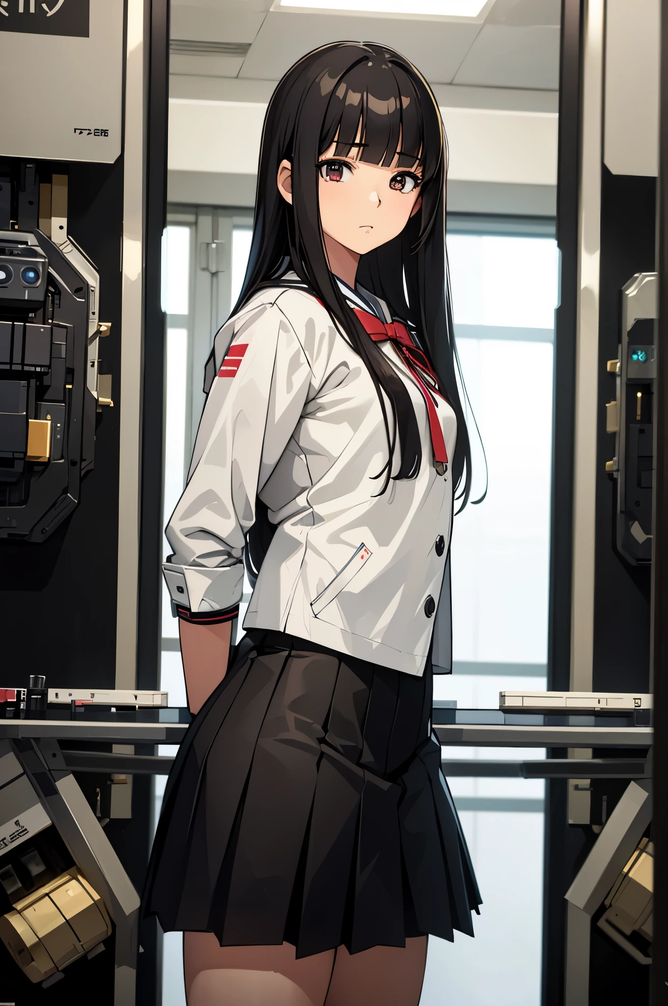 masterpiece, Best Quality, Extremely detailed, 8K portrait,Japaese android girl,teenager,18 years old,highschool student,control panels,android,Droid,Mechanical Hand, ,Robot arms and legs, Black hair,Mechanical body,Blunt bangs,perfect teenager robot,Japanese highschool uniform