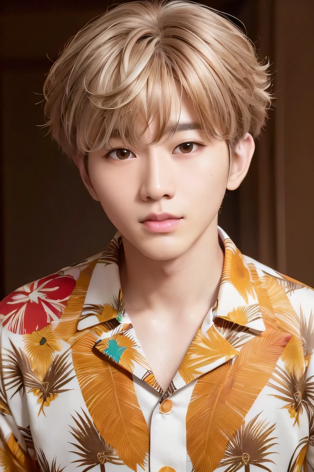 1 person、high quality,masterpiece,8K, (head shot),、、、、、、(A dog wearing a brightly colored aloha shirt)、、、、、(brown messy hairstyle)