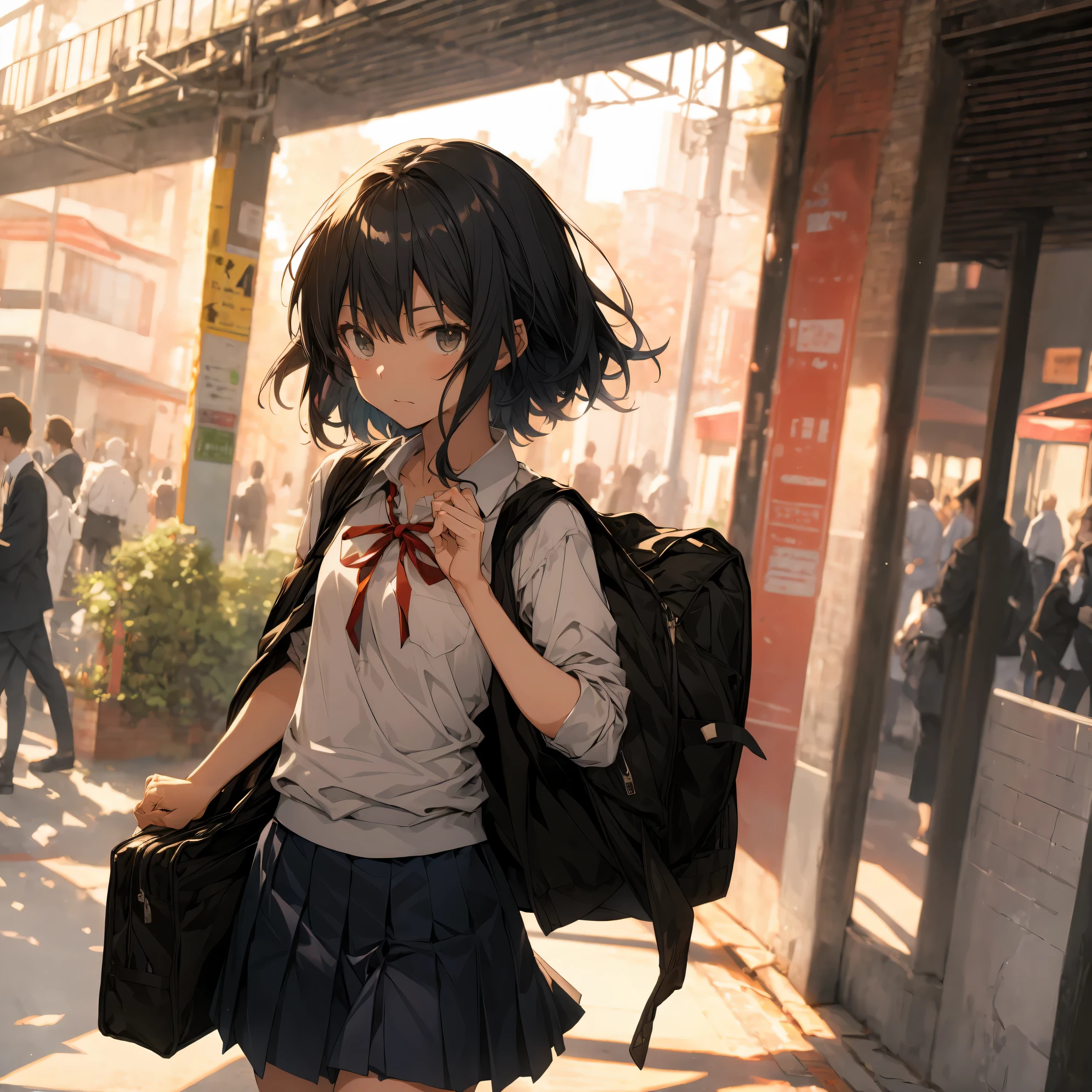 Super high quality by the art god, super detailed, High resolution, Shinkai Makoto style, anime moe art style, best anime 8K konachan wallpaper, pixiv contest winner, perfect anatomy, break,(眠そうにalone学校へ行く女の子を描いてください. ),break, surreal high school girl, (alone,lolita, , 13 years old:1.3),All limbs, full finger,, androgynous charm, (very short hair), messy hair, flat chest, , small ass, between legs, Small black eyes,hanme,beautiful and fine eyes, Well-proportioned iris and pupils, disgusted eyes, High resolutionの詳細な髪, wearing school uniform, (skirt), On the way to school. break,super dense skin, Best lighting by famous artists, 8K, figure,surrealism, UHD, rough skin