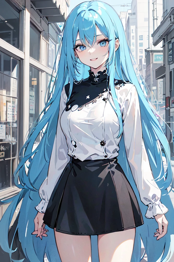(masterpiece), (best quality), (ultra detailed),(dishevelled hair),(illustration), long hair (straight hair) very straight hair, standing, Fashion model (punk clothes), looking at viewer, (interview), (casual background),beautiful blue eyes, delicate beautiful face, ,(high saturation),(colorful splashes),(shining), blue hair (shining), bangs, best lighting, best shadow. smiling. big breast.