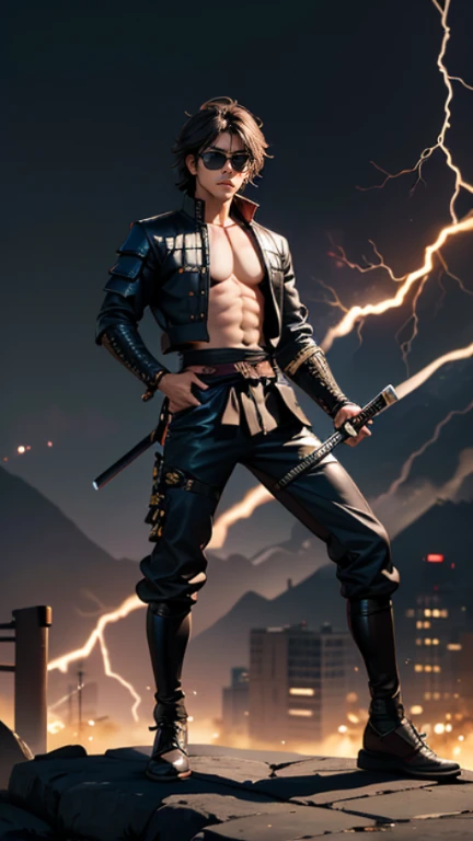The young Samurai has messy hair, wears a gray sweater that says "HEROES", dark brown leather pants with lots of pockets. Adventurer's shoes, carrying a samurai on his back, hands crossed on his chest, there is a flash of lightning, alert pose, face facing the camera, skyscraper background and shades of black with gold gradations at night. fullbody