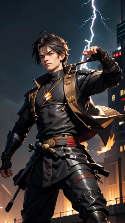 The young Samurai has messy hair, wears a gray sweater that says "HEROES", dark brown leather pants with lots of pockets. Adventurer's shoes, carrying a samurai on his back, hands crossed on his chest, there is a flash of lightning, alert pose, face facing the camera, skyscraper background and shades of black with gold gradations at night. fullbody