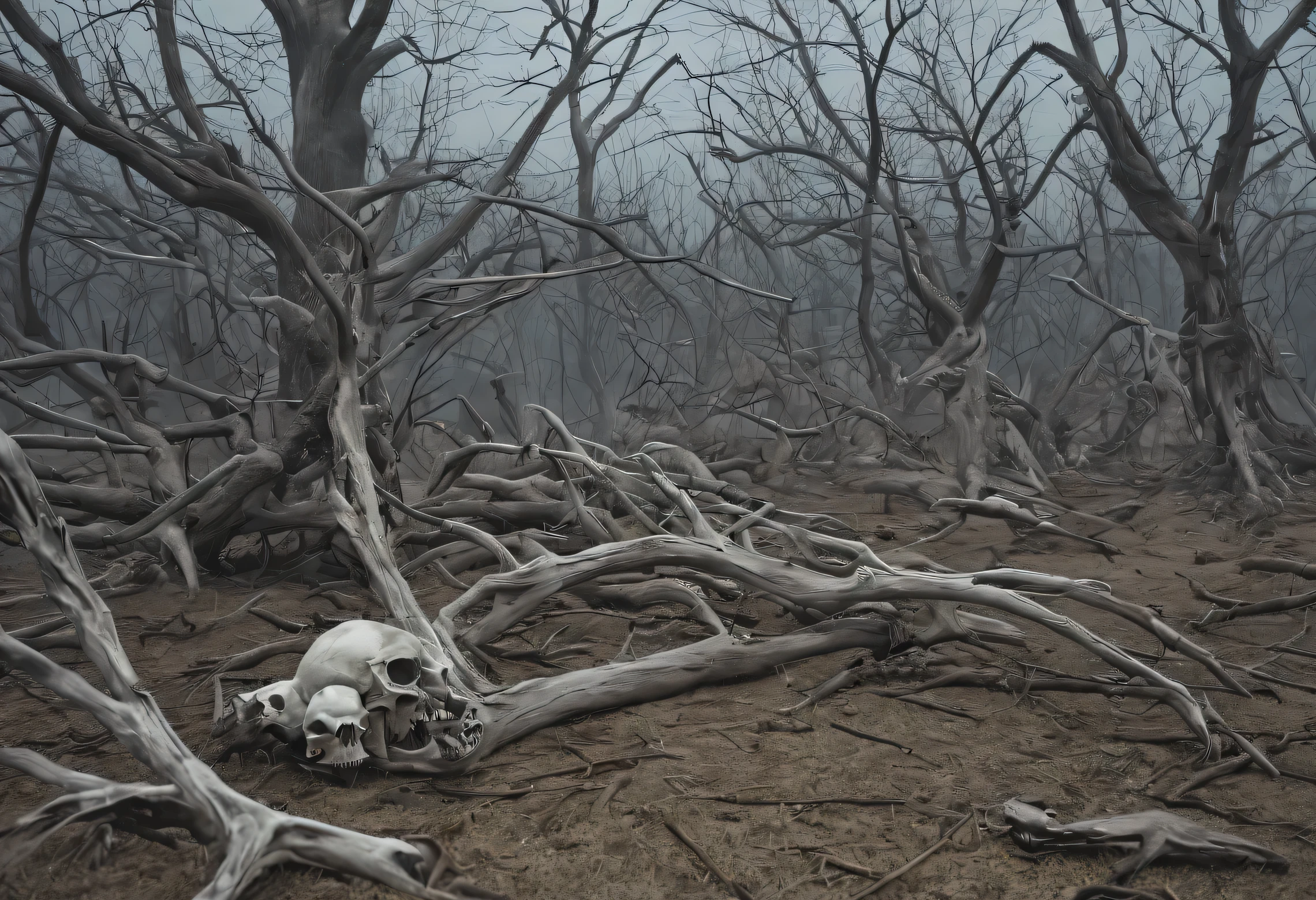 realistic photo of a very creepy place in a dead forest, dry trees with gnarled branches, bundles of cobwebs, hanging from the branches of dry trees, animal skulls and bones, scattered on the ground, the ground is dry and covered with gray ash, creepy atmosphere evokes fear and horror, cinematic frame, hyperrealistic, 8K, high detail