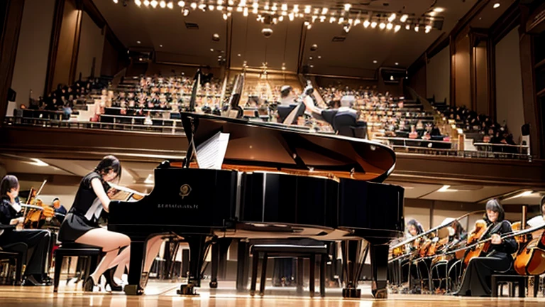 (8K), (best quality), (muste piece: 1.2)　a lot of spectators、orchestra、Sexy mature pianist playing the piano in the concert hall　close your eyes、ecstatic expression