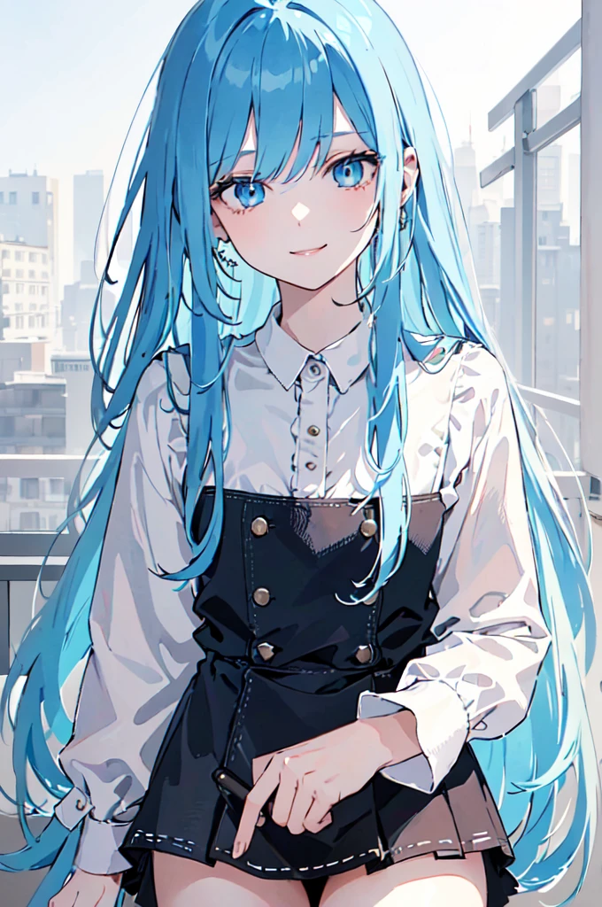 (masterpiece), (best quality), (ultra detailed),(dishevelled hair),(illustration), long hair (straight hair) very straight hair, standing, Fashion model (punk clothes), looking at viewer, (interview), (casual background),beautiful blue eyes, delicate beautiful face, ,(high saturation),(colorful splashes),(shining), blue hair (shining), bangs, best lighting, best shadow. smiling.