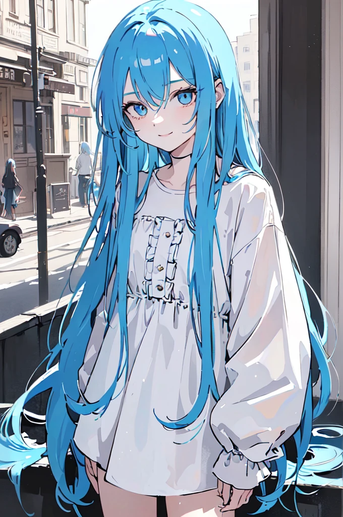 (masterpiece), (best quality), (ultra detailed),(dishevelled hair),(illustration), long hair (straight hair) very straight hair, standing, Fashion model (punk clothes), looking at viewer, (interview), (casual background),beautiful blue eyes, delicate beautiful face, ,(high saturation),(colorful splashes),(shining), blue hair (shining), bangs, best lighting, best shadow. smiling.
