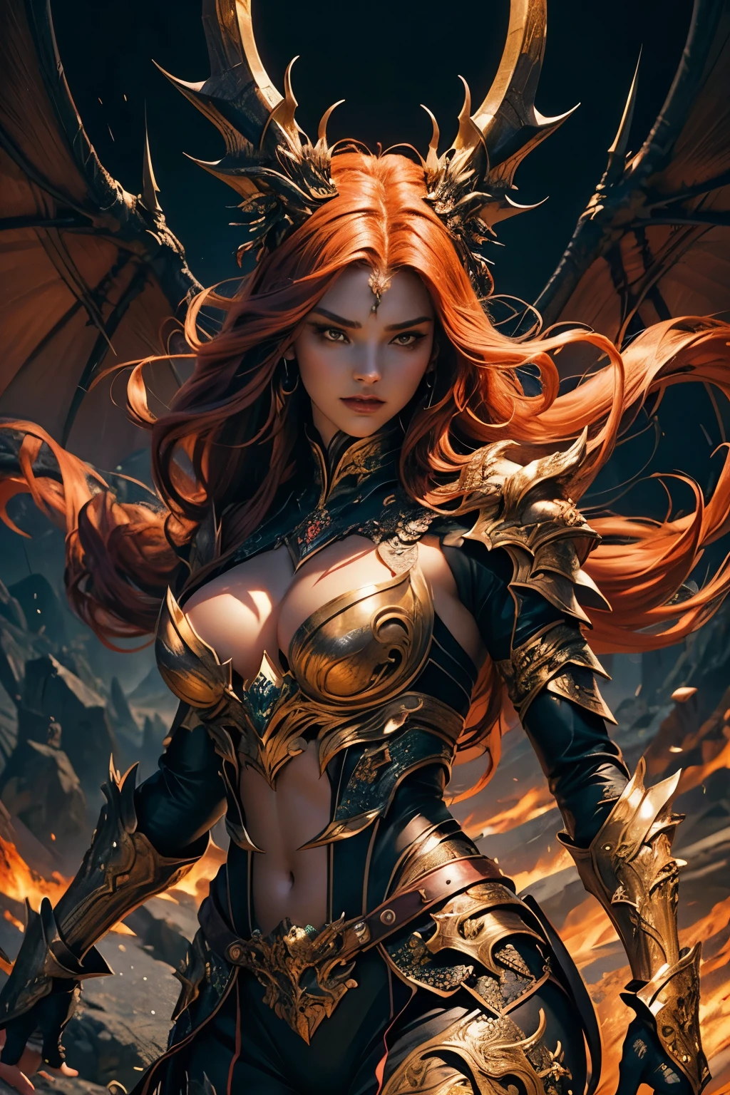 (2D Art, High Quality, 1080p), Stunning Draconic character, Female Humanoid Dragon, Meticulously crafted details, Leather Armor adorned, Towering scales, Sharp claws and talons, Realistic textures, Bold and intense eyes, Expressive and intricately drawn face, Lush and flowing mane, Fully animated and lifelike pose, Graphic Art masterpiece, Unparalleled animation and fluidity, Dramatically lit environment, Radiant and fiery color palette, Bringing a magical and captivating experience to life.