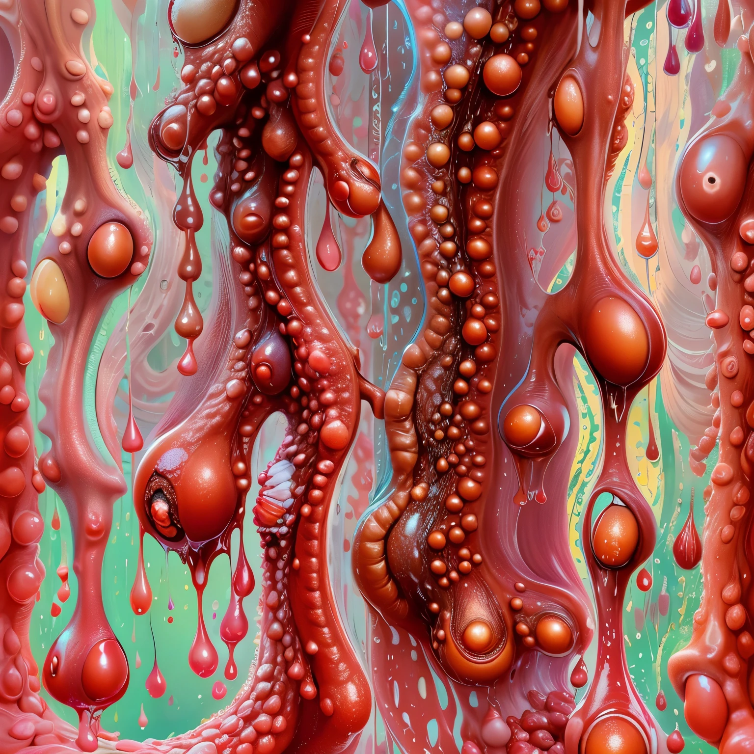 Crie uma imagem fenomenal, realista, de uma ((vulva, formed by the labia majora, labia minora, clitoris, vaginal introitus and Bartholin glands)), paletas de cores oil painting,vermelho vivido, ((highlighting the clitoris dripping lubricating droplets)) cores saturadas, detalhes de alta qualidade,