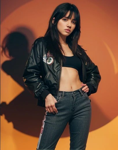 16 year old teenage woman. Morocha. Short stature. Cabello negro con dos colitas. Cuerpo delgado. Buen cuerpo campera recortada. Abdomen desnudo. Hip pants. Pierna gruesas.