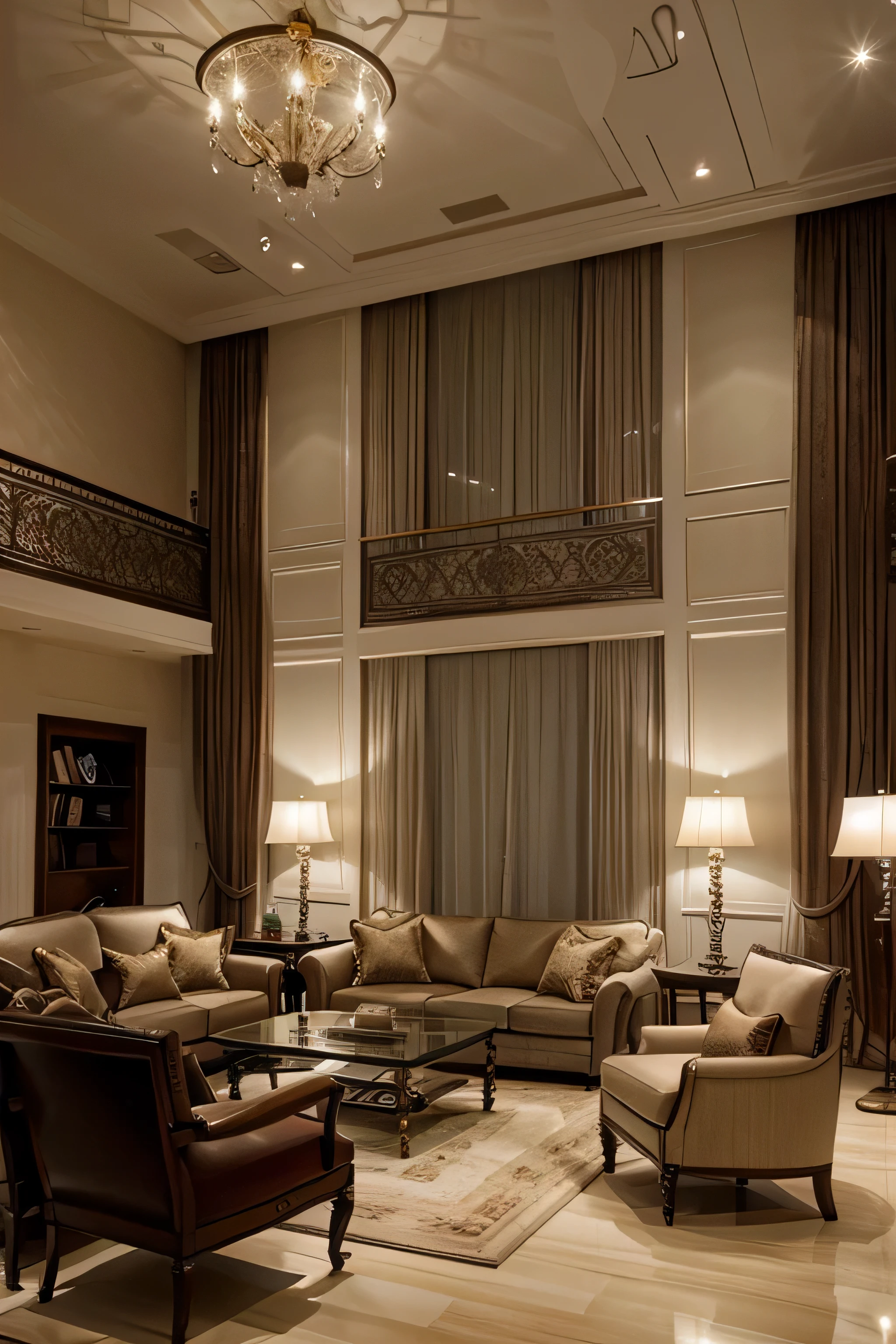 Architectural interior design living room with high walls.. glass wall , Classic furniture, Elegant interior, Soft lighting and tall curtains, night