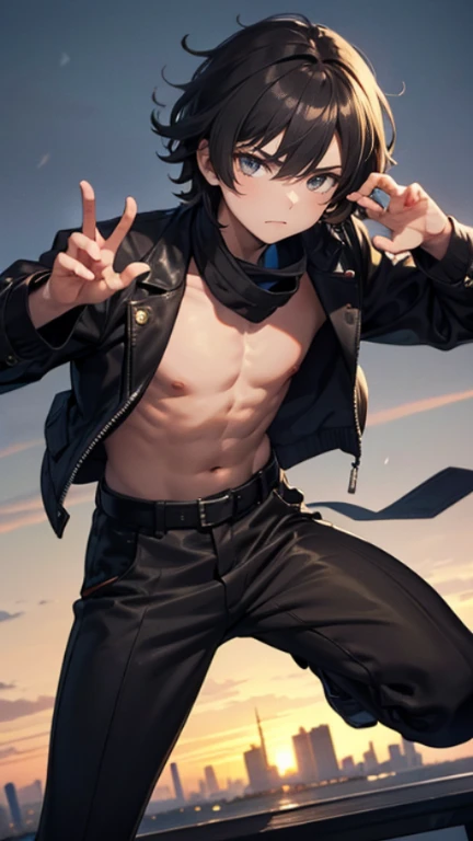The young Samurai has messy hair, wears a gray sweater that says "HEROES", dark brown leather pants with lots of pockets. Adventurer's shoes, carrying a samurai on his back, hands crossed on his chest, there is a flash of lightning, alert pose, face facing the camera, skyscraper background and shades of black with gold gradations at night. fullbody