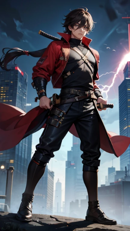 The young Samurai has messy hair, wears a gray sweater that says "HEROES", dark brown leather pants with lots of pockets. Adventurer's shoes, carrying a samurai on his back, hands crossed on his chest, there is a flash of lightning, alert pose, face facing the camera, skyscraper background and shades of black with gold gradations at night. fullbody