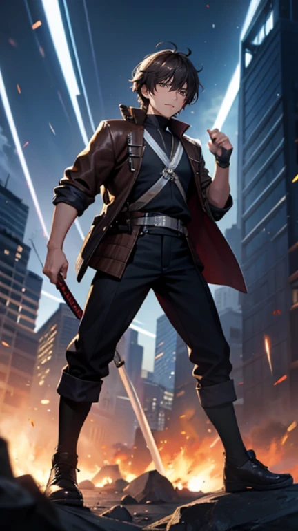 The young Samurai has messy hair, wears a gray sweater that says "HEROES", dark brown leather pants with lots of pockets. Adventurer's shoes, carrying a samurai on his back, hands crossed on his chest, there is a flash of lightning, alert pose, face facing the camera, skyscraper background and shades of black with gold gradations at night. fullbody
