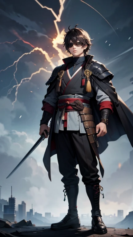The young Samurai has messy hair, wears a gray sweater that says "HEROES", dark brown leather pants with lots of pockets. Adventurer's shoes, carrying a samurai on his back, hands crossed on his chest, there is a flash of lightning, alert pose, face facing the camera, skyscraper background and shades of black with gold gradations at night. fullbody