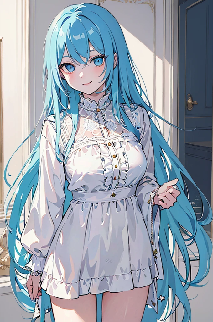 (masterpiece), (best quality), (ultra detailed),(dishevelled hair),(illustration), long hair (straight hair) very straight hair, standing, Fashion model (punk clothes), looking at viewer, (interview), (casual background),beautiful blue eyes, delicate beautiful face, ,(high saturation),(colorful splashes),(shining), blue hair (shining), bangs, best lighting, best shadow. smiling. medium breast 