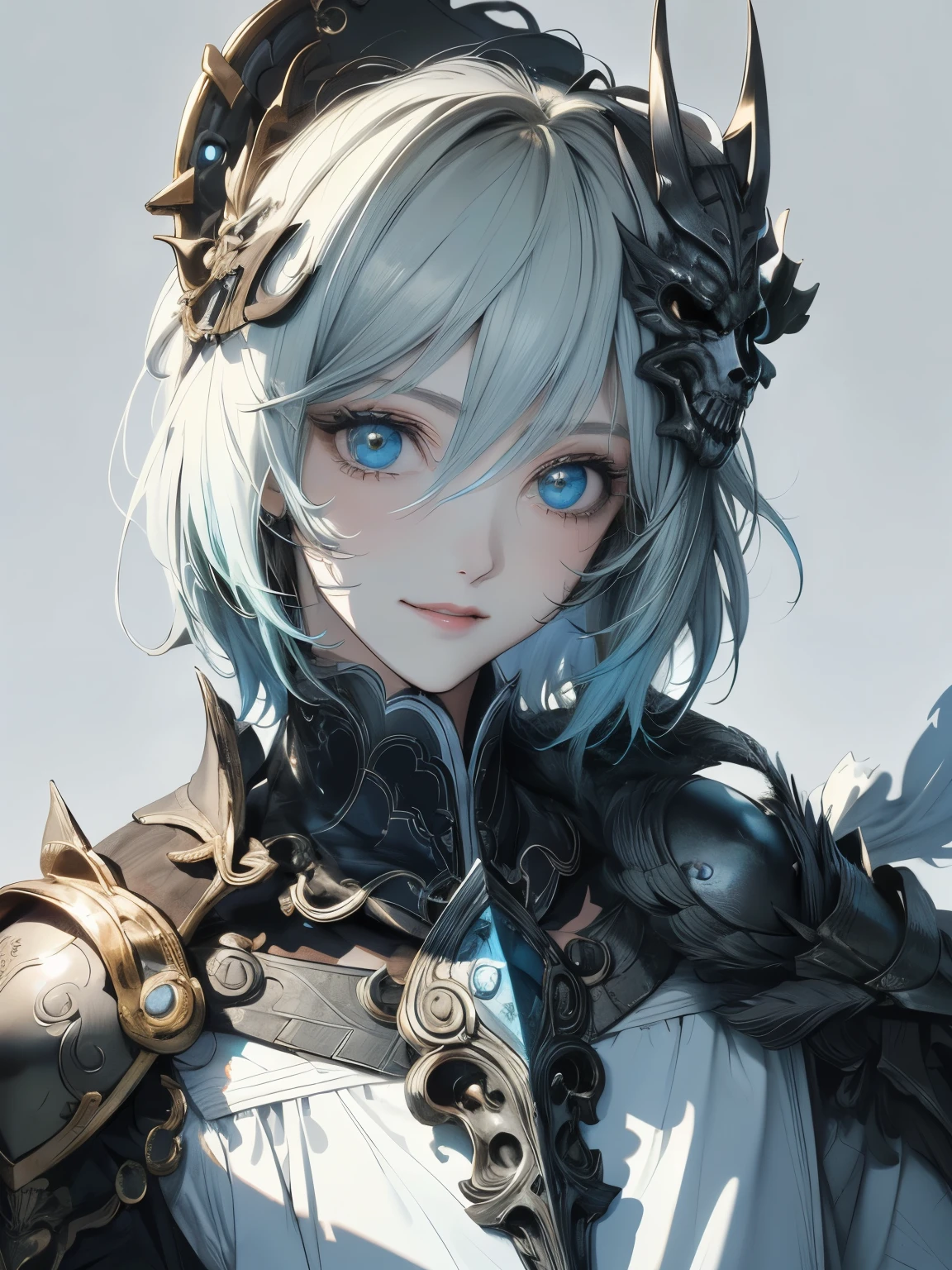 masterpiece: 1.7, highest quality、(Very detailed CG、Super detailed、best shadow:1.3)、solo、Painterly、Sketch、 Texture、ultra high resolution、highly detailed face、Highly detailed eyelat colors、limited pallete、high contrast、real、best lighting、Graceful、leprechaun、Beautiful woman、Black Knight、A blue rose in the left eye、skull mask on head、Wearing armor、green eye rack、Light blue hair、Short hair、Smile a little、white:1.5
