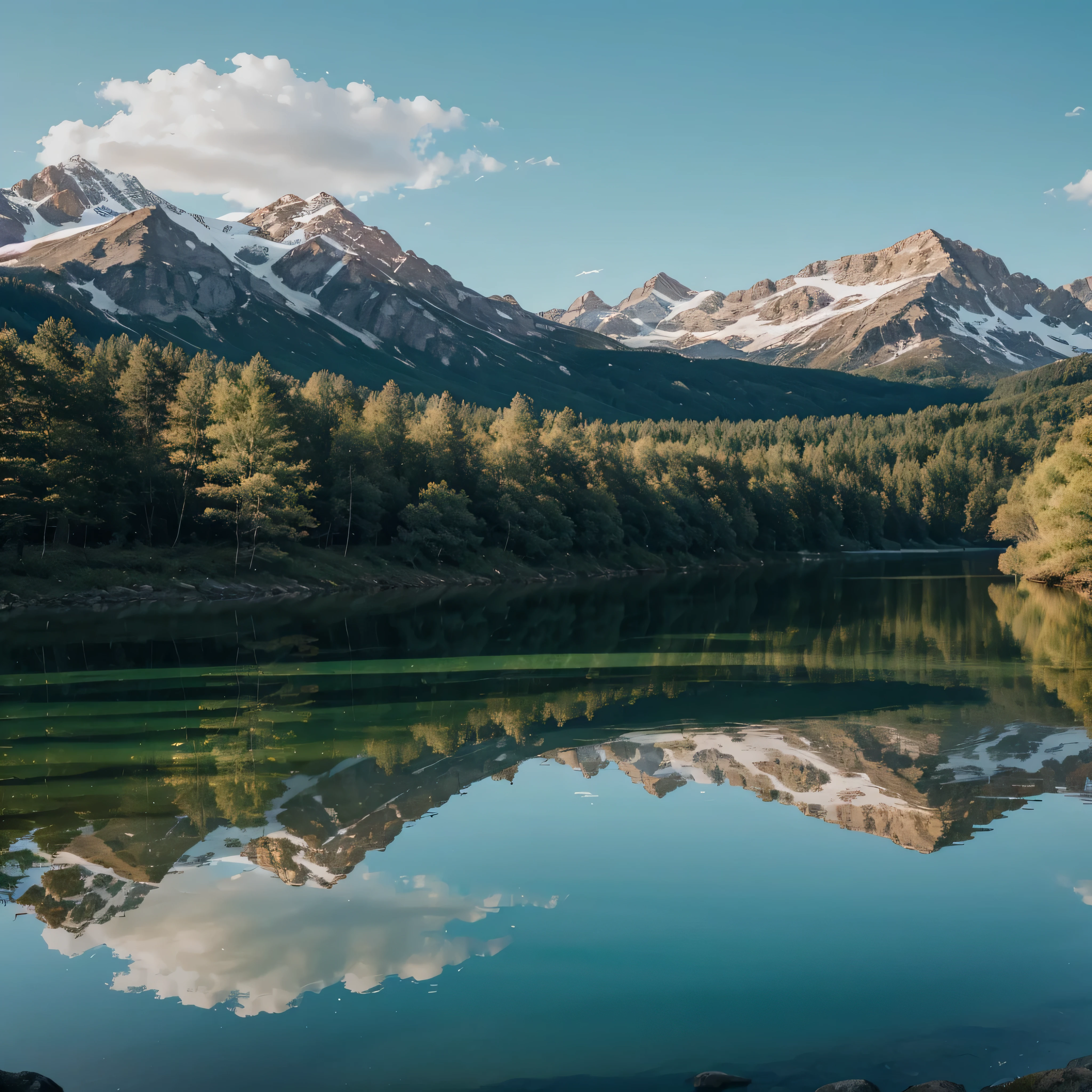 Draw a forest full of trees and varied types and colors, com um lago verde e transparente, com imponentes montanhas ao fundo no topo delas com neve, Fantastic, flawless ultra realistic, nunca visto antes, todos os detalhes em UHD