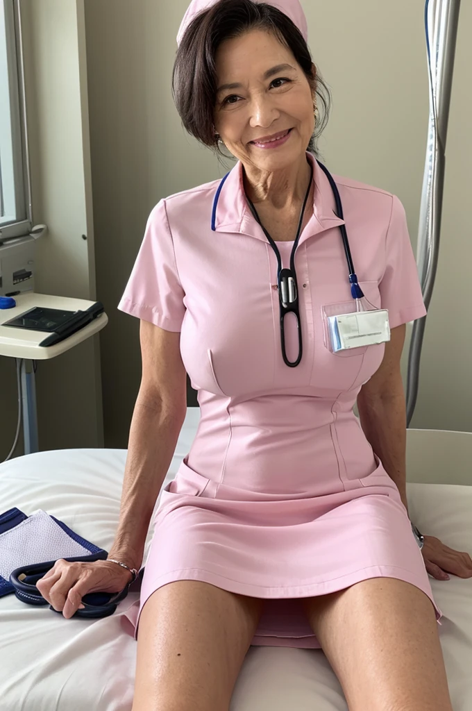 masterpiece, best quality, 16K, hospital, operating room, old woman, interior photo, glad, smiling, (standing), (looking back), (looking at viewer), long hair, ponytail, black hair, eyes open, (large breasts:1.39), (wrinkles corners eyes:1.32), (nasolabial:1.32), (old skin:1.32), freckled skin, wrinkles skin, pale skin, (old muscles:1.2), plump, {(nurse), ((breast pocket)), ((collared dress)), ((short dress:1.48)), ((short sleeves)), ((thighs)), (pink dress), (pink headwear), tee-back panties, (pink sandals), ((stethoscope))}, beauty mark, 65-year-old, old, elderly, japanese, inside, in the hospital, with a operating table, in the afternoon, real person, ultra realistic photo, nsfw, full body shot, from front, front view