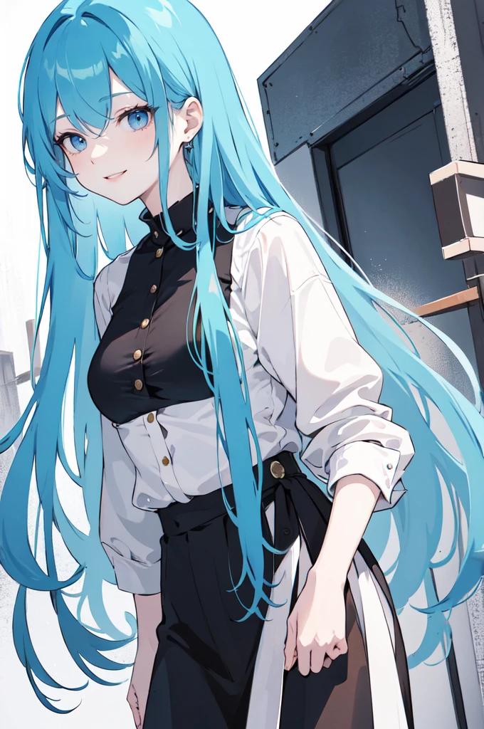 (masterpiece), (best quality), (ultra detailed),(dishevelled hair),(illustration), long hair (straight hair) very straight hair, standing, Fashion model (punk clothes), looking at viewer, (interview), (casual background),beautiful blue eyes, delicate beautiful face, ,(high saturation),(colorful splashes),(shining), blue hair (shining), bangs, best lighting, best shadow. smiling. medium breast. neat hairstyle down