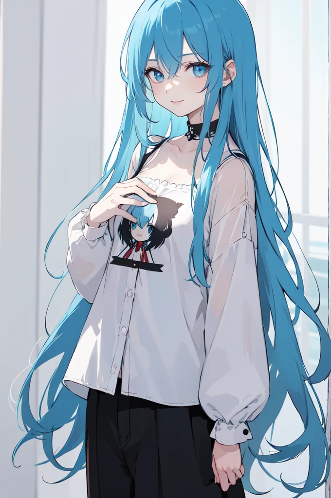 (masterpiece), (best quality), (ultra detailed),(dishevelled hair),(illustration), long hair (straight hair) very straight hair, standing, Fashion model (punk clothes), looking at viewer, (interview), (casual background),beautiful blue eyes, delicate beautiful face, ,(high saturation),(colorful splashes),(shining), blue hair (shining), bangs, best lighting, best shadow. smiling. medium breast. neat hairstyle down