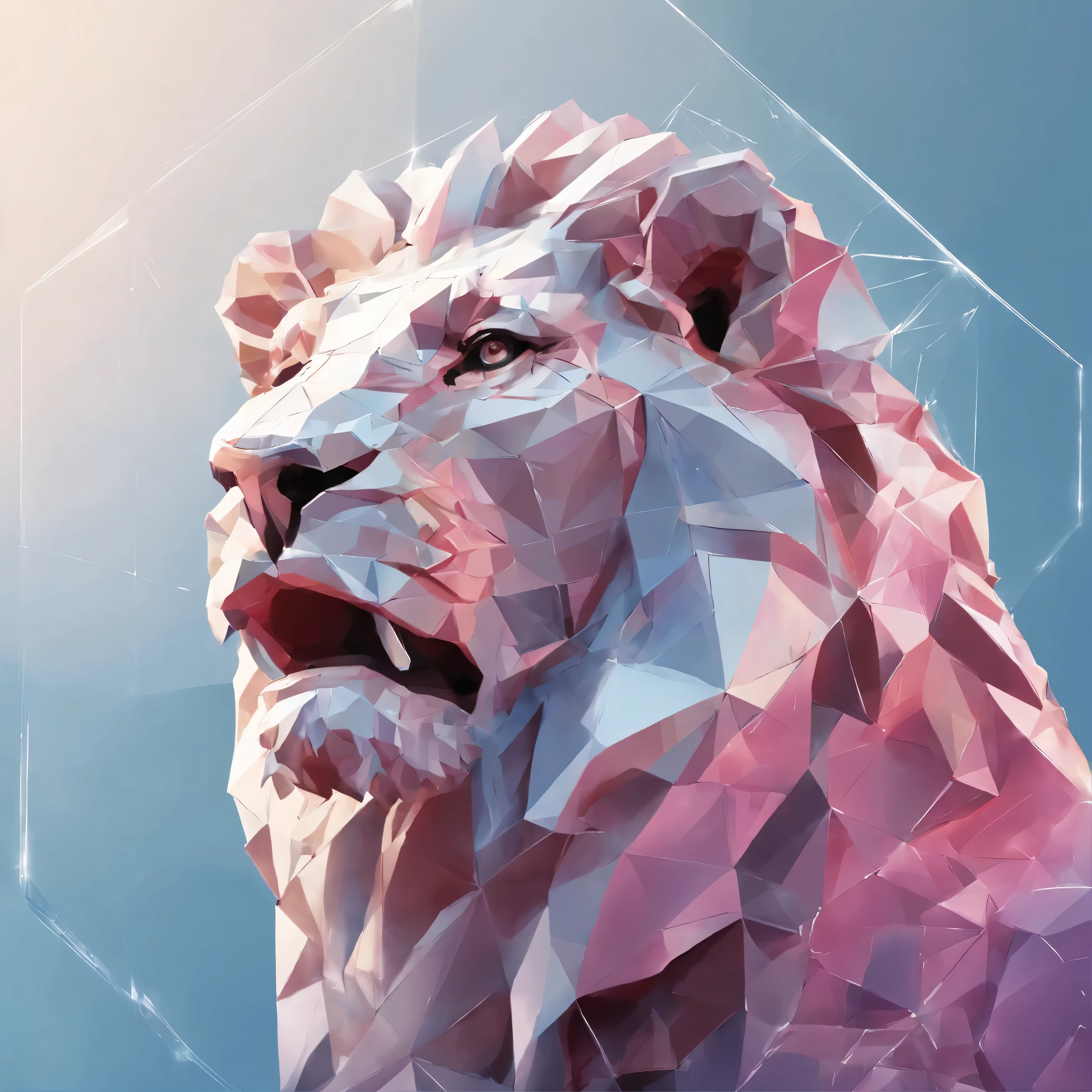Perfect alignment, angry lion,crystal vases,Rose flower, Standing position, Abstract beauty, Centered, Looking at the camera, Facing the camera, nearing perfection, Dynamic, Highly detailed, smooth, Sharp focus, 8K, high definition resolution, illustration, Art by Carne Griffiths and Wadim Kashin, blue backround, crystal reflections