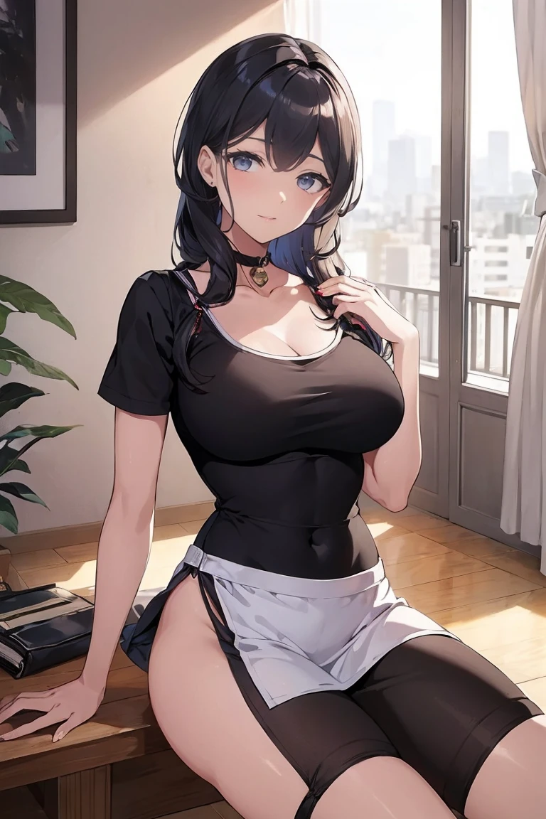 obra de arte, altamente detalhado, ultra-detalhado, frio, Sozinho, (1 garota), (pale skin), olhos azuis gelados, cabelos brancos gelados, mulher jovem, medium breasts, deusa, kuudere legal, (Camisola preta longa), (roupas casuais modernas), com sono, lazy, (sorriso:0.7), (roupas educadas), (fechar roupas), CEO, Rico, hair decoration, alto, (interior), No excitement