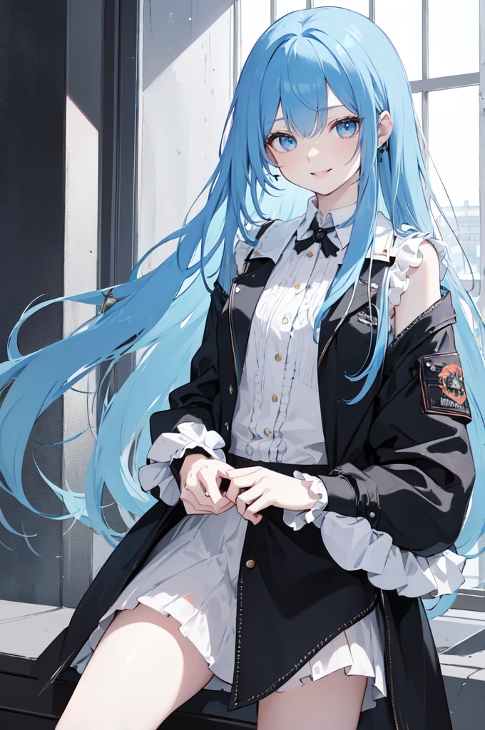 (masterpiece), (best quality), (ultra detailed),(dishevelled hair),(illustration), long hair (straight hair) very straight hair, standing, Fashion model (punk clothes), looking at viewer, (interview), (casual background),beautiful blue eyes, delicate beautiful face, ,(high saturation),(colorful splashes),(shining), blue hair (shining), bangs, best lighting, best shadow. smiling. medium breast