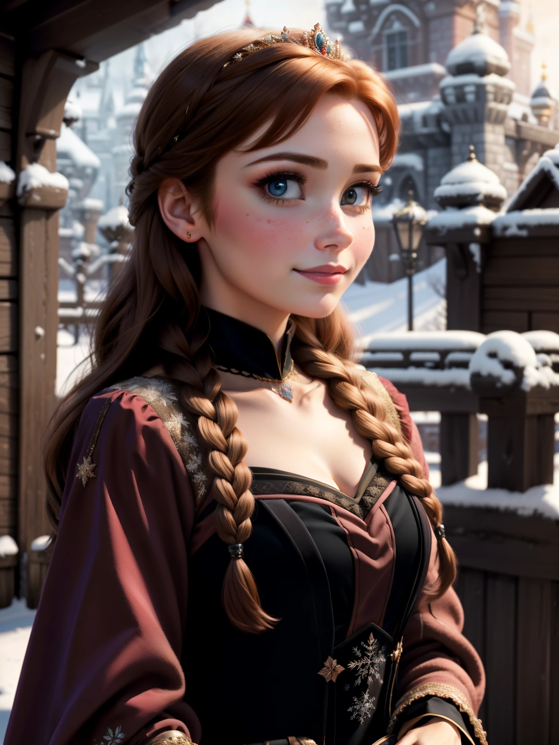 woman, ((Masterpiece, best quality)), detailed skin, highly detailed, cinematic lighting, ultra realistic, blush, looking at viewer, anna, anna from frozen, princess, disney baground, brown hair, long hair, portrait, outdoor, out door, long hair, Anna, kingdom baground, sexy' look , palace baground black dress