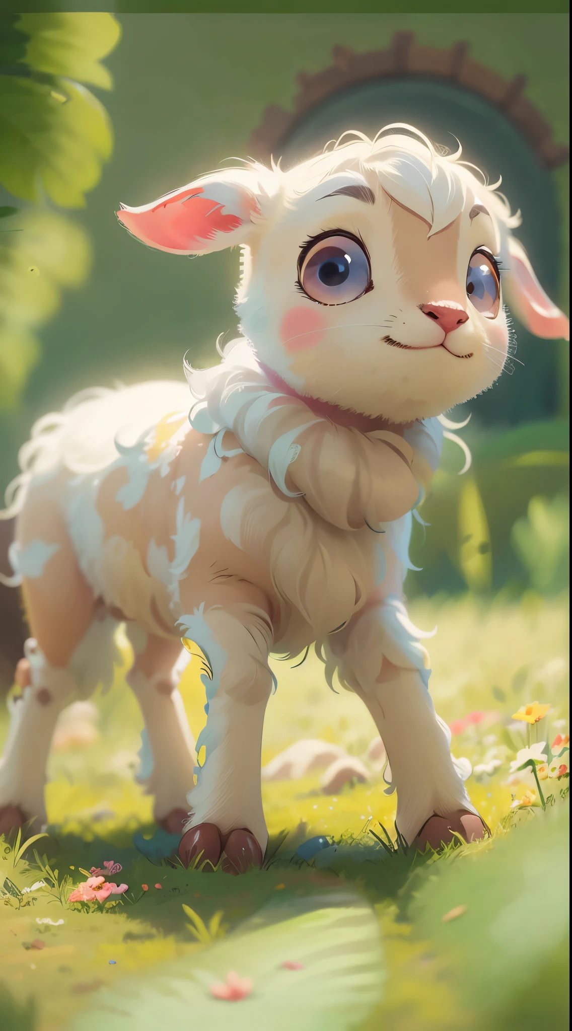 A cute lamb grazing on the lawn,Pixar style, best quality, stills, very cute, big eyes, sunny,Very happy, (masterpiece: 1.2) (actual: 1.2) (Bokeh) (best quality) (delicate skin: 1.3) (intricate details) (8k) (exquisite eyes) (sharp focus), (happy)