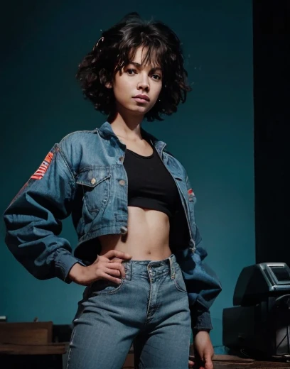 16 year old teenage woman. Morocha. Short stature. Cabello negro con dos colitas. Cuerpo delgado. Buen cuerpo campera recortada. Abdomen desnudo. Hip pants. Pierna gruesas.