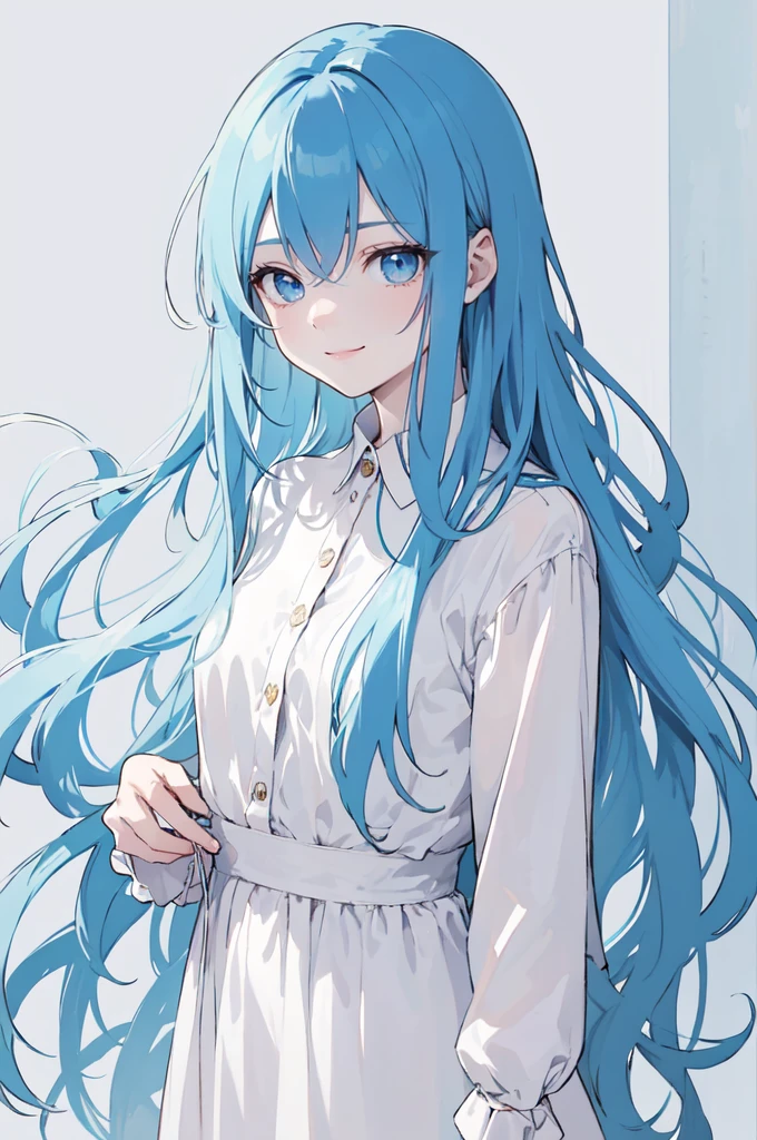 (masterpiece), (best quality), (ultra detailed),(dishevelled hair),(illustration), long hair (straight hair) very straight hair, standing, Fashion model (punk clothes), looking at viewer, (interview), (casual background),beautiful blue eyes, delicate beautiful face, ,(high saturation),(colorful splashes),(shining), blue hair (shining), bangs, best lighting, best shadow. smiling. medium breast. neat hairstyle down