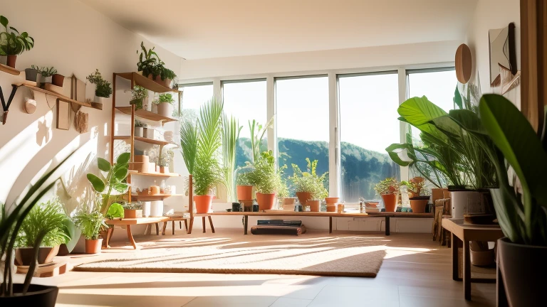 tin,no humans,landscape,plant,window,Tree,bench,Pillow,table,indoors,wooden floor,potted plant,Sunlight,floor,sky, \(目of\),soft pads,shadow,of,8K ultra-clear