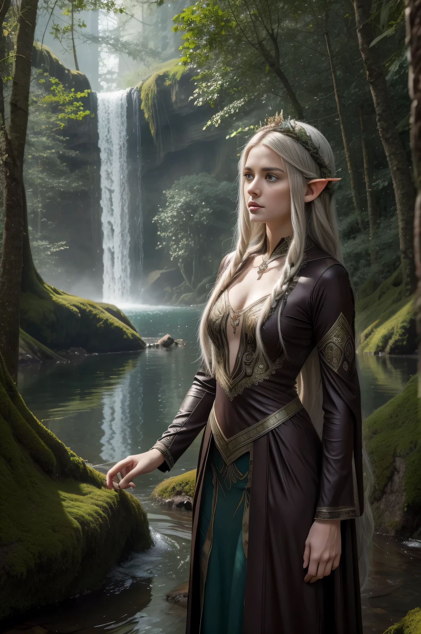 In the heart of the ancient and mystical Eldwood, hidden beneath the emerald canopy of towering trees, lies a serene lake known as Lirion's Mirror. Amidst the ageless foliage, there resides Elenia, the ethereal elf princess. Her silver hair, adorned with delicate elven braids, cascades like a shimmering waterfall down her graceful shoulders. Elenia, with her keen sapphire eyes, often ventures to the lake's edge, where the waters hold untold secrets and reflections of forgotten realms. One moonlit night, as the melodic whispers of the forest intertwine with the gentle lapping of the lake, Elenia discovers an ancient artifact half-buried in the moss-covered stones. The artifact pulses with an otherworldly energy, awakening long-lost tales of an elven prophecy. Intrigued and wary, Elenia seeks counsel from the wise spirits of the Eldwood. They guide her through a quest that unravels the hidden history of the forest, revealing a forgotten threat that looms over both elves and nature itself. As Elenia embarks on her journey, the shadows of the past emerge, and the mystical bond between elf, forest, and lake is put to the test. The fate of Eldwood rests upon the shoulders of the elf princess, and the echoes of Tolkien's world resonate in the whispers of the ancient trees, shaping a tale of magic, courage, and the enduring spirit of the elven realm, Nikon Z8 + NIKKOR Z 24-120 mm f/4 S, half body shot