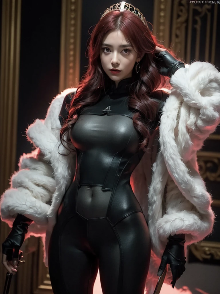 a woman with red lipstick has armor on and is holding a sword, kirijou mitsuru, 1girl, solo, hair over one eye, long hair, (((red hair))), weapon, rapier, sword, bodysuit, black bodysuit, grey bodysuit, hand on hip, (((large breasts))), (purple theme:1.2), (In Baroque style hall:1.5), queen, majestic, graceful, perfect face, beautiful face, perfect female body, mature female, (glowing red eyes:1.2), short ponytail, Queen's crown, darker violet gossamer veil, royal red cloak with jewels and fur, royal red shawl with jewels and fur, earrings, jewels, jewelry, head ornaments, hands ornaments, legs ornaments, high heels, Narrow waist, big ass, wet, wet body, sweating body, shiny skin, ((no close up)), (8k, RAW photos, highest quality, masterpiece: 1.7). (Realistic, Photorealistic: 1.9)
