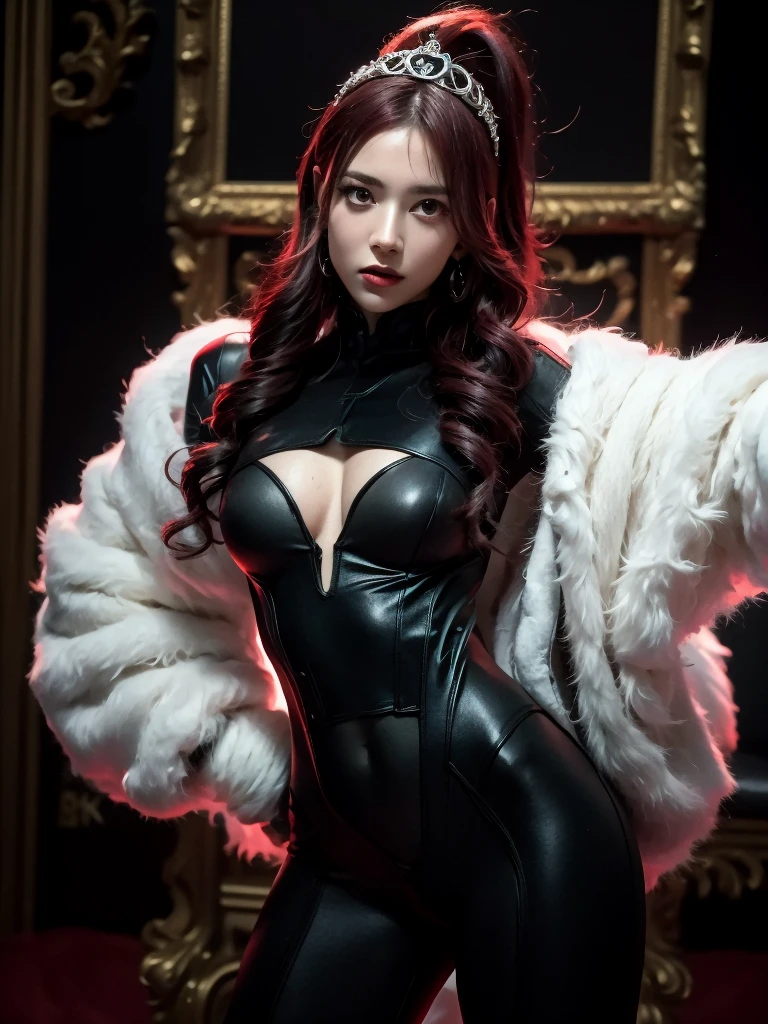 a woman with red lipstick has armor on and is holding a sword, kirijou mitsuru, 1girl, solo, hair over one eye, long hair, (((red hair))), weapon, rapier, sword, bodysuit, black bodysuit, grey bodysuit, hand on hip, (((large breasts))), (purple theme:1.2), (In Baroque style hall:1.5), queen, majestic, graceful, perfect face, beautiful face, perfect female body, mature female, (glowing red eyes:1.2), short ponytail, Queen's crown, darker violet gossamer veil, royal red cloak with jewels and fur, royal red shawl with jewels and fur, earrings, jewels, jewelry, head ornaments, hands ornaments, legs ornaments, high heels, Narrow waist, big ass, wet, wet body, sweating body, shiny skin, ((no close up)), (8k, RAW photos, highest quality, masterpiece: 1.7). (Realistic, Photorealistic: 1.9)
