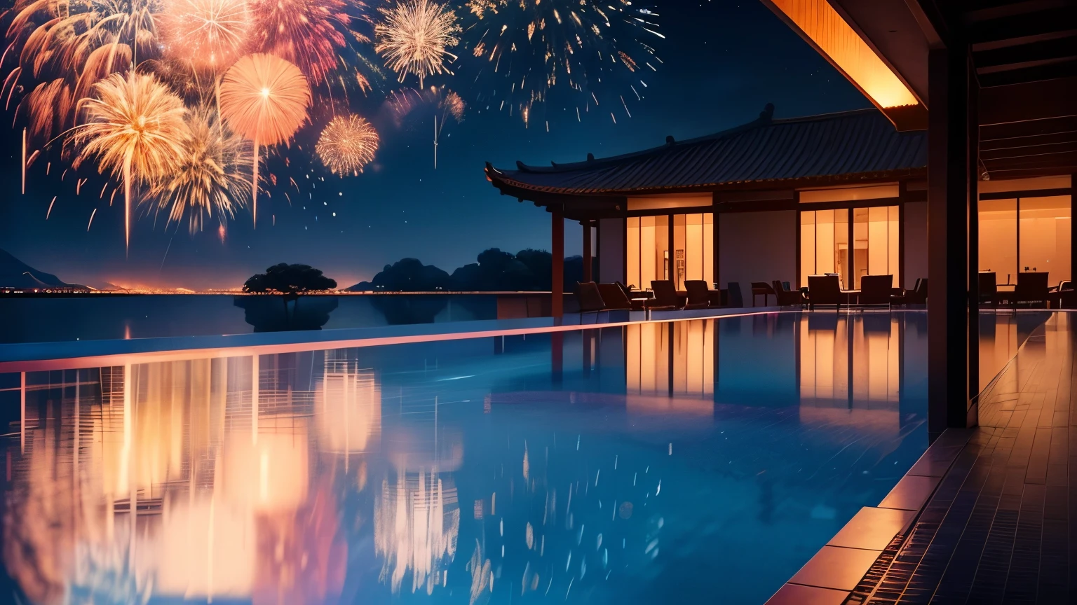 night,many people, fireworks,features a large pool, reflecting the sky and a brown Chinese-style hotel building. The reflection creates a serene and harmonious aesthetic, emphasizing the beauty of the natural environment and the hotel's integration into it, completing the stable diffusion of serenity and contentment,masterpiece, best quality,many people , many fireworks in the sky