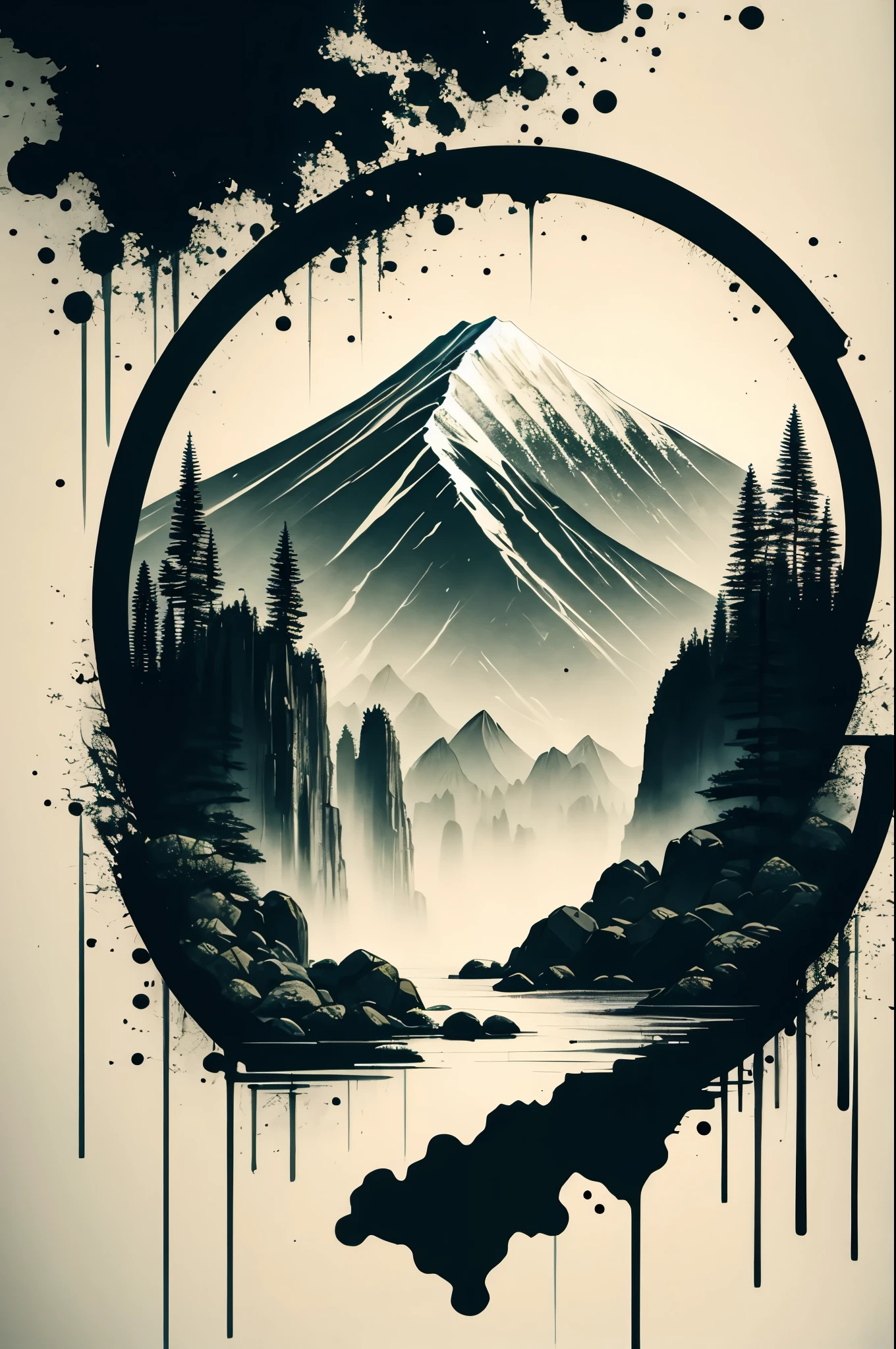 white background, scenery, ink, Mount Everest mountains, water, trees
