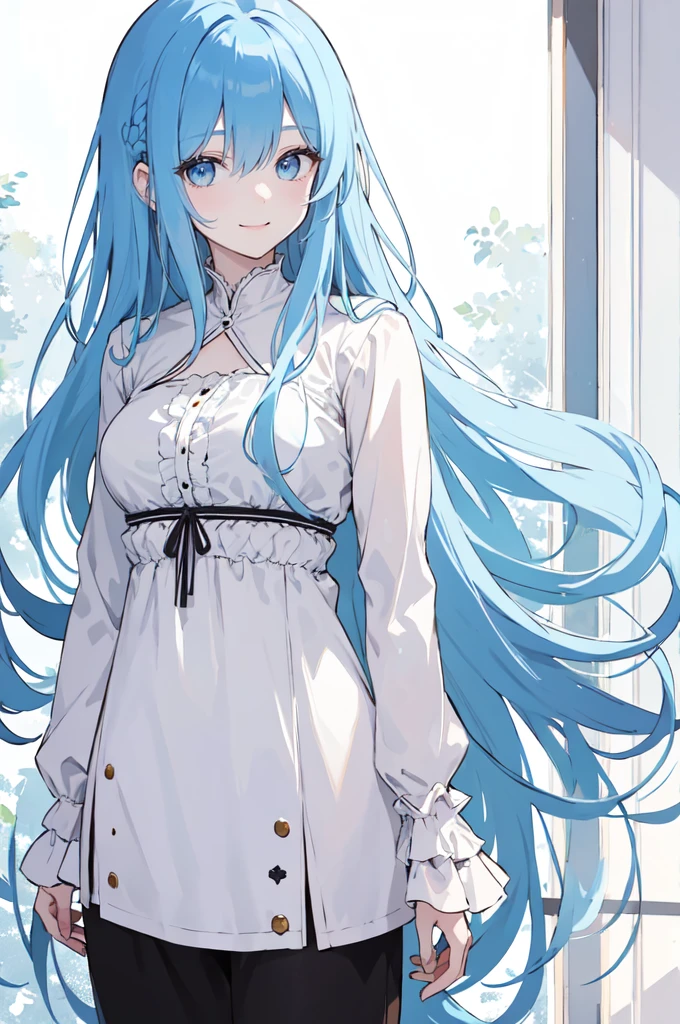 (masterpiece), (best quality), (ultra detailed),(dishevelled hair),(illustration), long hair (straight hair) very straight hair, standing, Fashion model (otaku clothes), looking at viewer, (interview), (casual background),beautiful blue eyes, delicate beautiful face, ,(high saturation),(colorful splashes),(shining), blue hair (shining), bangs, best lighting, best shadow. smiling. medium breast. neat hairstyle down