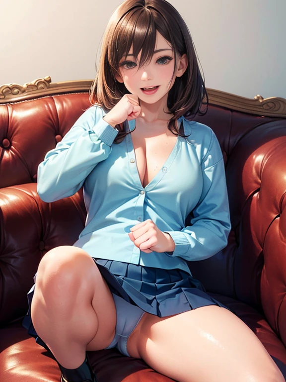 (best quality, 8k, highres, photorealistic:2.0), (solo, one girl:2.0),(lighting: strong),(lighting: front),(very muscular girl:2.0),(bodybuilder girl:1.5),(shiny skin:1.5),(brown hair color:1.5),(Bend your legs and open your thighs:1.8),(black loafers:1.5),(light blue blouse:1.6),(collar blouse:1.2),(long sleeve light blue blouse:1.3),((tight blouse:1.7)),(Emphasize cleavage:1.2),(short socks),(white socks:1.1),((blue pleated skirt)),((blue skirt)),((Wearing cute panties)),((Girl leaning on an old leather sofa)), very beautiful Japanese  girl, Blush brown makeup , dark eye makeup,(Hold your loosely clenched fist in front of your face:1.7),(girl with open mouth:1.4),(Instructing viewers to perform a self hand job),(Gesture to give you a hand job:1.3),(Jerk Off Instruction for viewers),(very smiling girl),(Instructing viewers to masturbate themselves:1.3)