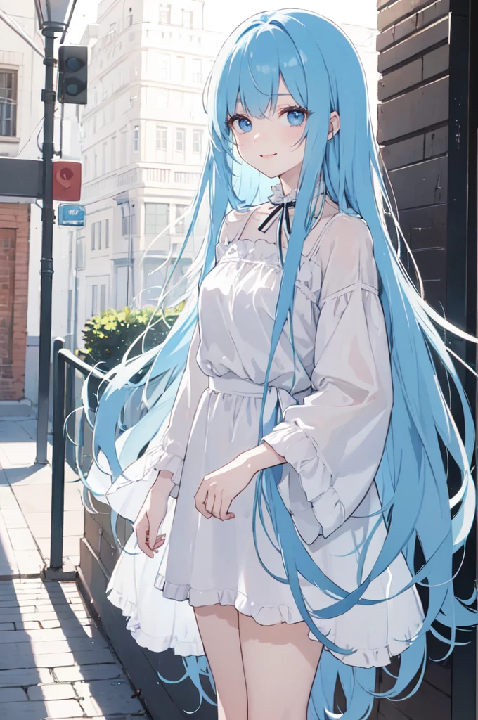 (masterpiece), (best quality), (ultra detailed),(dishevelled hair),(illustration), long hair (straight hair) very straight hair, standing, Fashion model (otaku style clothes), looking at viewer, (interview), (casual background),beautiful blue eyes, delicate beautiful face, ,(high saturation),(colorful splashes),(shining), blue hair (shining), bangs, best lighting, best shadow. smiling. medium breast. neat hairstyle down