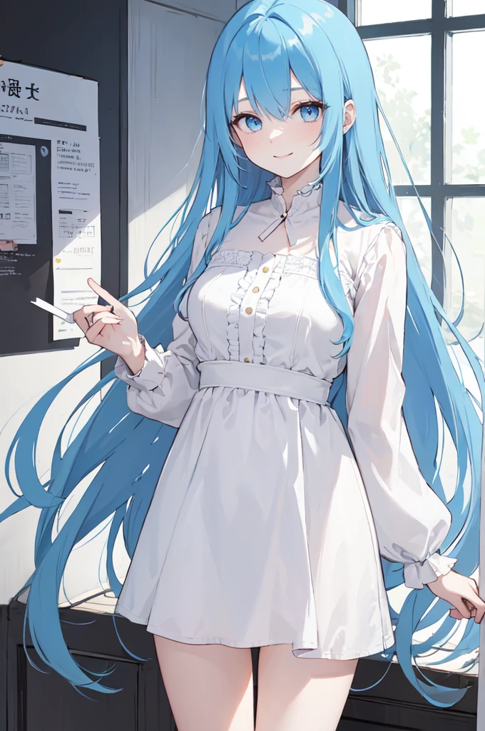 (masterpiece), (best quality), (ultra detailed),(dishevelled hair),(illustration), long hair (straight hair) very straight hair, standing, Fashion model (otaku style clothes), looking at viewer, (interview), (casual background),beautiful blue eyes, delicate beautiful face, ,(high saturation),(colorful splashes),(shining), blue hair (shining), bangs, best lighting, best shadow. smiling. medium breast. neat hairstyle down