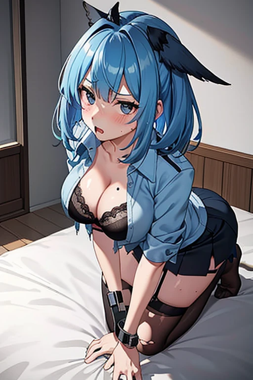 blue hair,big breasts,police officer arrested,open shirt,bra,slit,Torn skirt,garter belt, black stockings,crawl on all fours,stick out one's butt,bed,Handcuffed and restrained,A painful look,blush,open your mouth wide,Drool,sweaty,