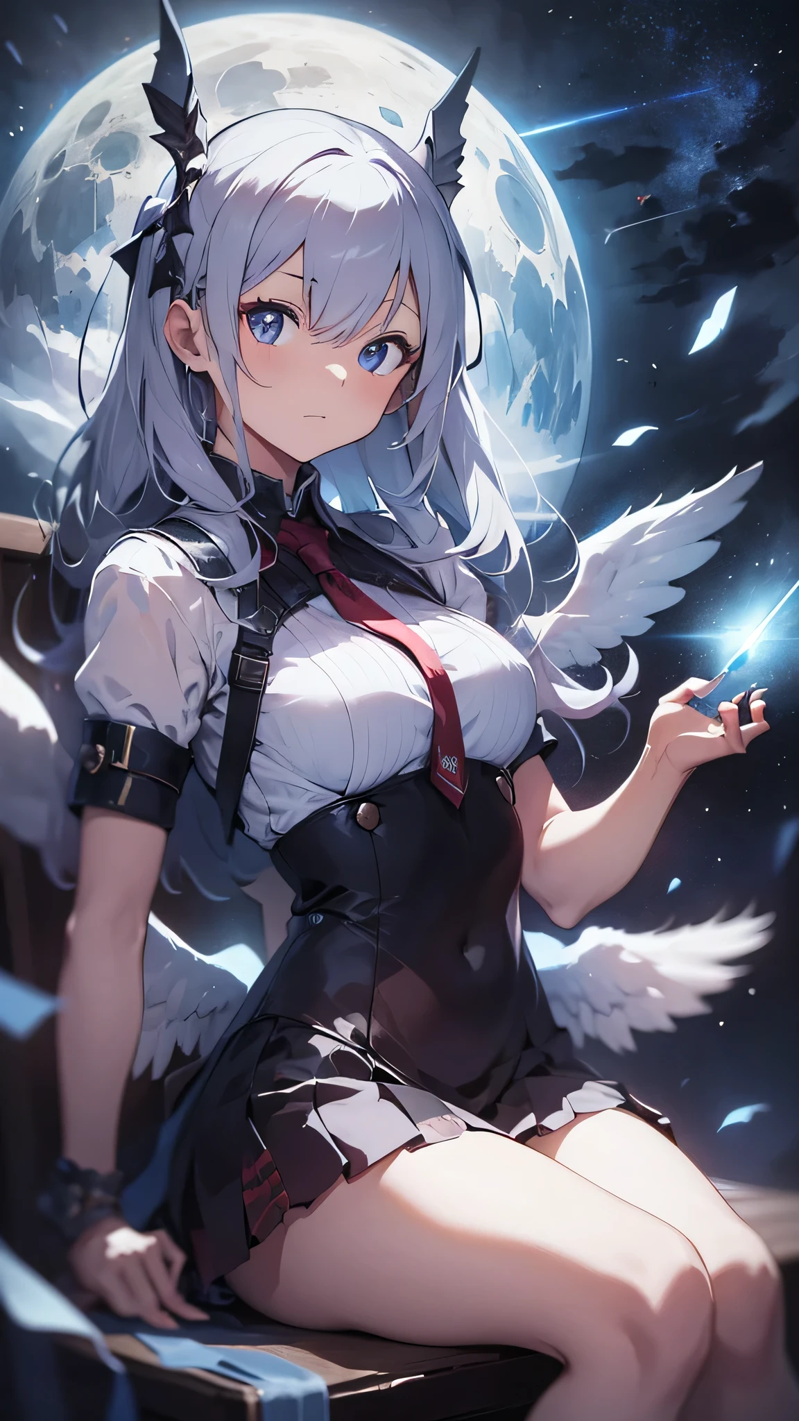 最high quality、best image quality、masterpiece、teenage girl((18-year-old、 By becoming、vest bust、medium bust,wide open breast tea、black eye, gray hair、long hair、thin,highest valley、Love of the Universe、Cosmic dress、sit、open your legs、Bad attitude)),high quality、beautiful art、background((glowing chair,Lunar surface、Mysterious space、dancing white wings、glowing laser))debris flies、Depth of written boundary、movie、visual art、perfect art、8K,genuine