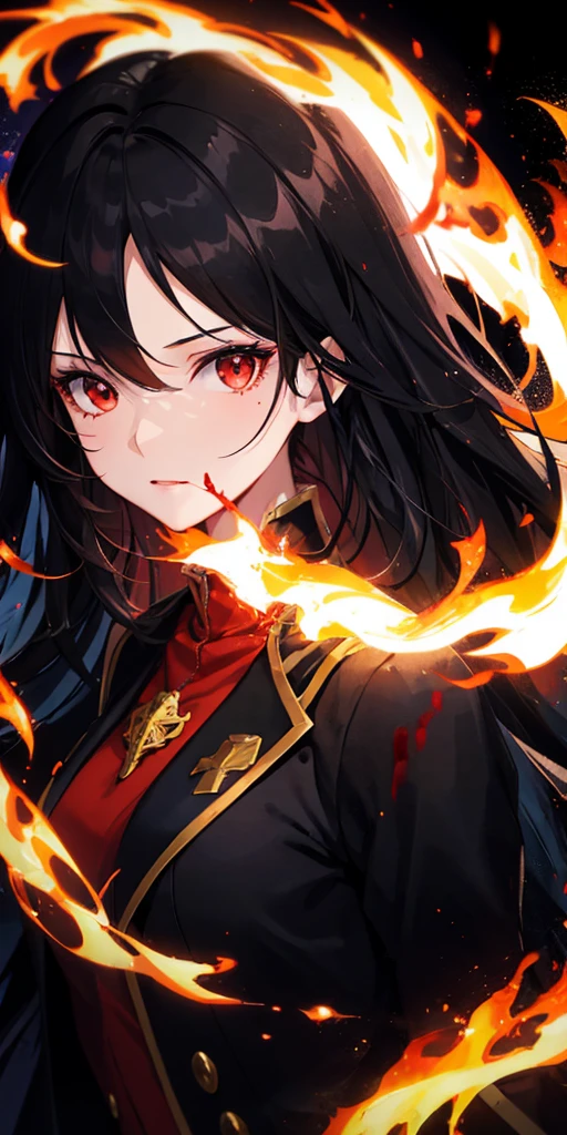 1 girl, black hair, red eyes, Fire Witch, Blood, light particles, light, wallpaper, high contrast, rich and colorful,