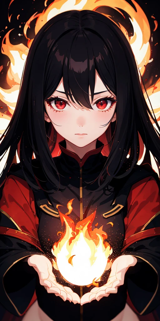 1 girl, black hair, red eyes, Fire Witch, Blood, light particles, light, wallpaper, high contrast, rich and colorful,