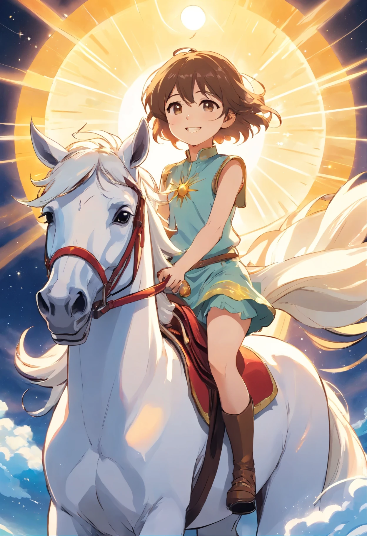 Universal Weight Tarot Card Number 19: The Sun, Cute smiling baby riding a white horse without a saddle under the bright sun